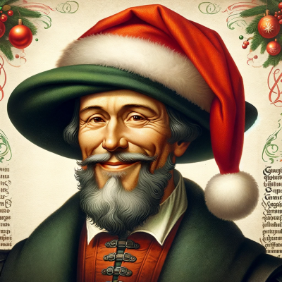 DALL·E 2023-12-21 11.39.18 - An artistic representation of Johannes Gutenberg, the inventor of the printing press, cheerfully wearing a Christmas hat. In this portrayal, Gutenberg